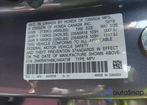 2020 Honda Cr-V 2Wd Ex-L from USA, damaged, VIN 2HKRW1H84LH404738